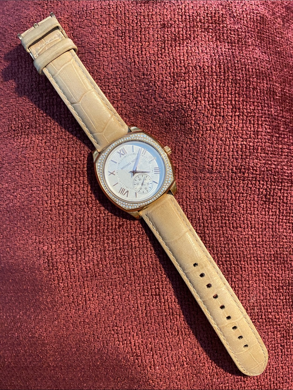 Michael Kors Beige Leather Strap Gold-Tone Crystal Watch
